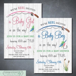 Invito per baby shower a tema pesca, REEL Excited, baby shower per maschietti, baby shower per femminucce, tema pesca, digitale o stampato