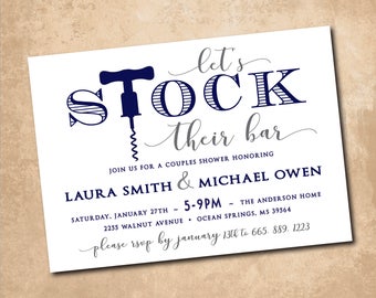 Stock the Bar Invitation printable shower/digital, couples shower, simple, navy, couples stock the bar/Digital File/wording can be changed