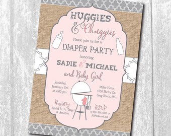 Huggies and Chuggies Invitation printable/bbq, beer, couples, man shower, huggies for chuggies, girl, pink gray/Wording can be changed