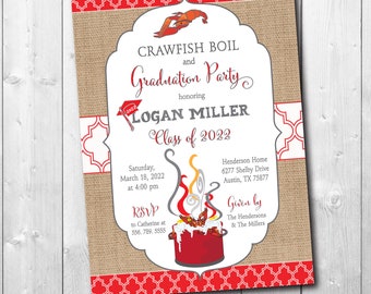 May include: A graduation party invitation with a red and white checkered pattern, a burlap background, and a crawfish boil illustration. The invitation is for Logan Miller's graduation party, which will be held on Saturday, March 18, 2022 at 4:00 pm. The address is 6277 Shelby Drive, Austin, TX 75877.