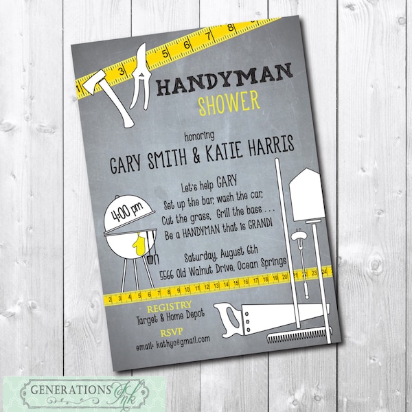 Handyman Shower Invitation, Honey Do Shower, Groom Party, Tool and Gadget, Digital or Printed