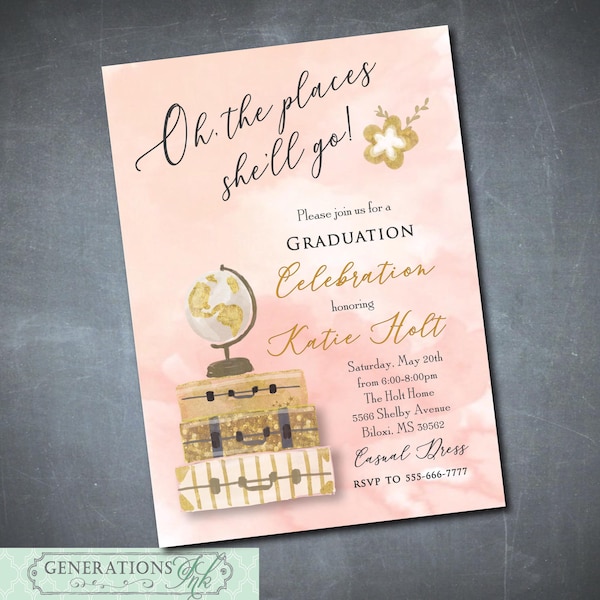 Graduation Party Invitation, Girl Graduation Party Invitation, Travel, Oh the Places She'll Go, Watercolor, Class of 2024, Pink and Gold