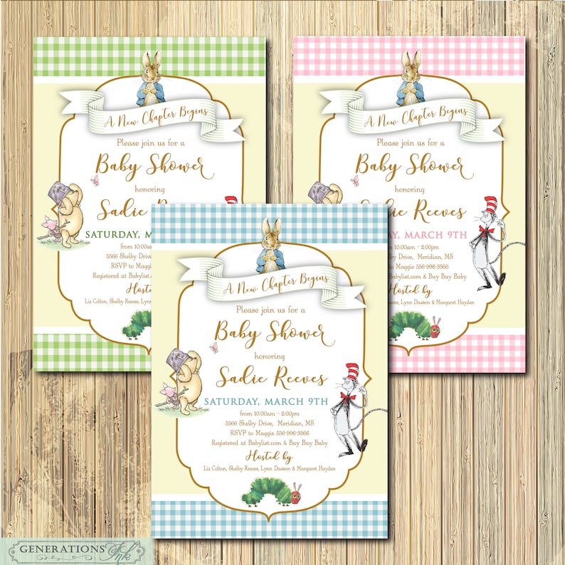 May include: Three baby shower invitations with a light yellow background and a green, blue, or pink gingham pattern. Each invitation features a different character from children's books: Peter Rabbit, The Very Hungry Caterpillar, and The Cat in the Hat. The invitations announce a baby shower for Sadie Reeves on Saturday, March 9th.