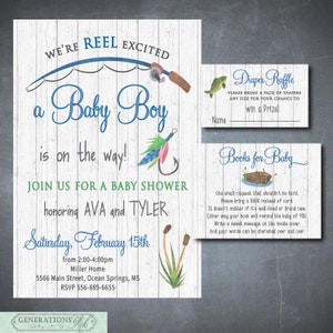 Invito per baby shower a tema pesca, tema pesca, baby shower per maschietti, richiesta di libri, lotteria dei pannolini, DIGITALE O STAMPATO
