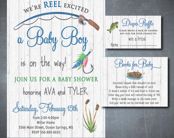 Fishing Baby Shower Invitation, Fishing Themed, Boy Baby Shower, Book Request, Diaper Raffle, DIGITAL OR PRINTED