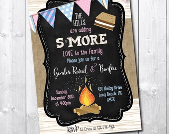 Winter Gender Reveal Invitation printable, Smore Gender Reveal, Bonfire, Cookout, Rustic/Wording can be changed/Digital File or printed