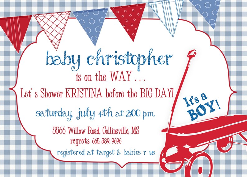 Red Wagon Baby Shower Invitation printable/Digital File/vintage red wagon, baby boy shower, boy wagon invitation/Wording can be changed image 2