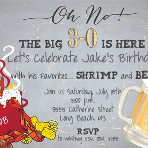 Crawfish Boil Birthday Invitation, 30th Birthday, Seafood Boil, Shrimp Boil, Crawfish and Beer, Surprise/printable/Digital File image 2