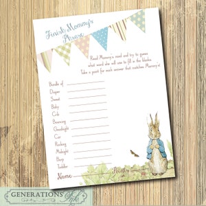 INSTANT DOWNLOAD, Vintage Peter Rabbit Baby Shower Game, Finish Mommy&#39;s Phrase, Digital File, Printable