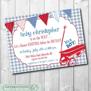 Red Wagon Baby Shower Invitation printable/Digital File/vintage red wagon, baby boy shower, boy wagon invitation/Wording can be changed image 1