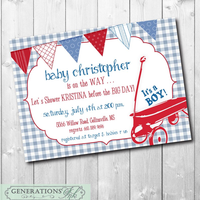 Roter Wagen Babyparty Einladung druckbare/digitale Datei/Vintage roter Wagen, Baby Junge Dusche, junge Wagen Einladung/Wortlaut kann geändert werden Bild 1