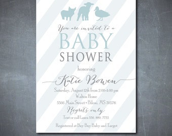 Baby Animals Shower Invitation, simple, printable/farm, baby boy shower, blue, gray/Digital File/wording and colors can be changed
