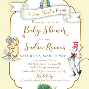 May include: A yellow and blue baby shower invitation with illustrations of Winnie the Pooh, Peter Rabbit, and the Cat in the Hat. The invitation text reads "A New Chapter Begins" and "Please join us for a Baby Shower honoring Sadie Reeves". The date and time of the shower are listed as "Saturday, March 9th from 10:00am - 2:00pm". The location is listed as "5566 Shelby Drive, Meridian, MS". The RSVP information is listed as "RSVP to Maggie 556-996-3366". The registry information is listed as "Registered at Babylist.com & Buy Buy Baby". The hosts are listed as "Liz Colton, Shelby Reeves, Lynn Dawson & Margaret Hayden".
