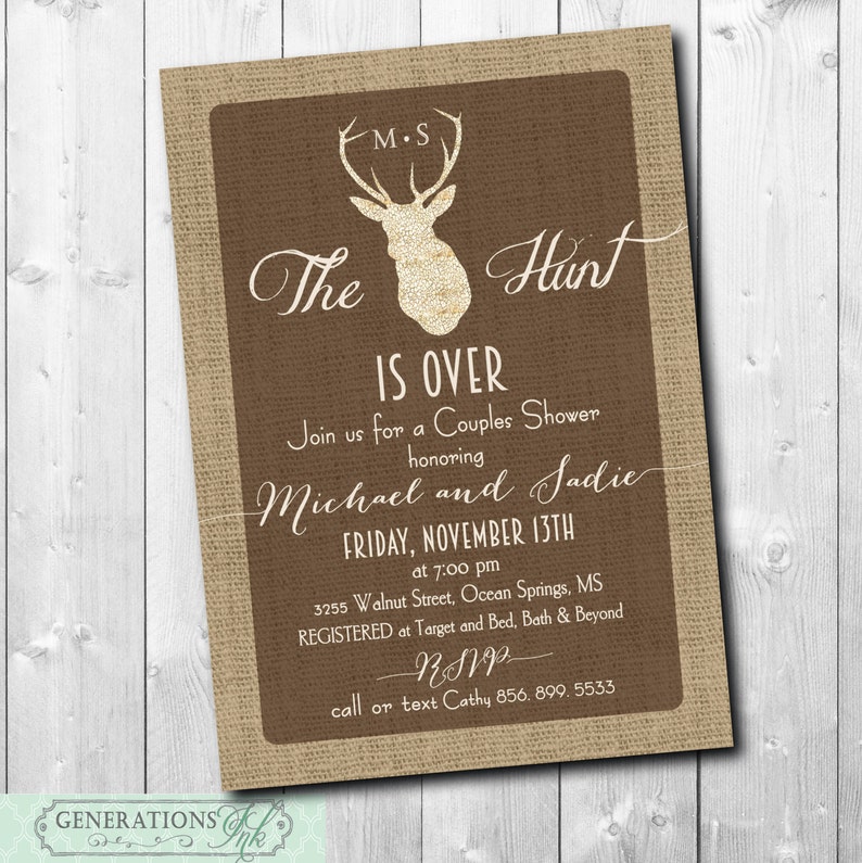 Hunt is Over Invitation Couples Shower printable/antlers, rustic, burlap/Digital File or Printing / wording can be changed image 1