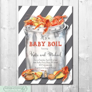 May include: A baby shower invitation with a gray and white striped background. The invitation features a watercolor illustration of a pot of crawfish with corn on the cob and potatoes. The text reads "It's a Baby Boil honoring Katie and Michael". The invitation also includes the date, time, address, RSVP information, and registry information.