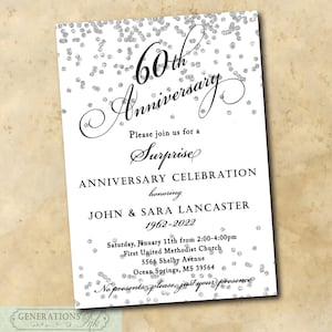 60th Wedding Anniversary Invitation printable/Digital File/Silver, 60th Anniversary, Surprise, Dinner, Party/Wording can be changed