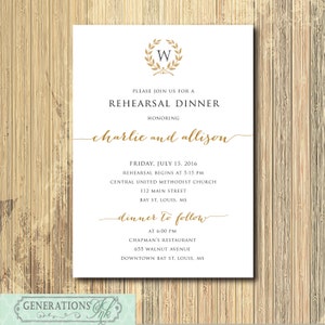 Rehearsal Dinner Invitation, Simple Rehearsal Dinner Invitation, Wreath with Monogram, Gold, Digital or Printed