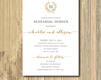 Simple Rehearsal Dinner Invitation, Gold Wreath Monogram (Digital or Printed)