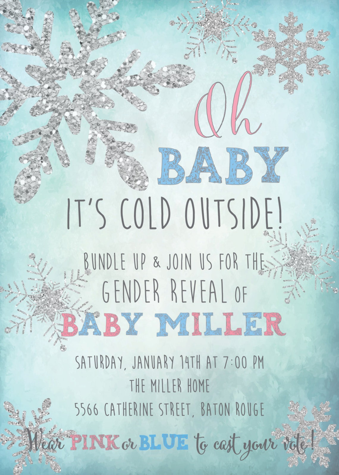 Winter Gender Reveal Invitation Snowflake Gender Reveal Etsy