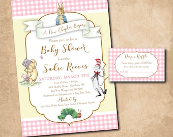 Storybook Baby Shower Invitation printable/Digital File/Book Themed Baby Shower, Classic Books, Diaper Raffle ticket/Wording can be changed