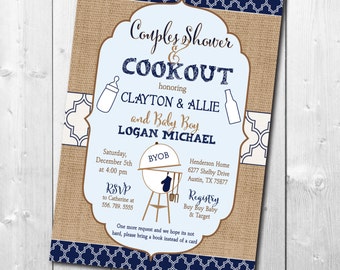 Couples Baby Shower Invitation printable/Digital File/Baby Q Invitation, baby boy shower, boy baby shower, navy, pool/Wording can be changed