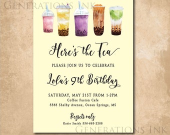 Boba Tea Birthday Invitation, Boba Bubble Tea Invitation,  Teen Tween Girl Birthday Invitation, Coffee and Tea Invitation, Digital File