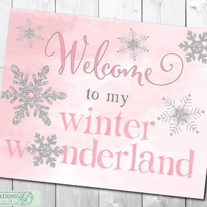 INSTANT DOWNLOAD, Winter Birthday Welcome Sign, Winter Wonderland Sign, Pink and Silver, printable, Birthday Welcome Sign