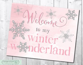 INSTANT DOWNLOAD, Winter Birthday Welcome Sign, Winter Wonderland Sign, Pink and Silver, printable, Birthday Welcome Sign