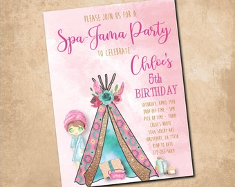 Spa Jama Birthday Party Invitation, Teepee Spajama Invitation, Sleepover Invitation, Teepee Spa Party printable, Boho Teepee