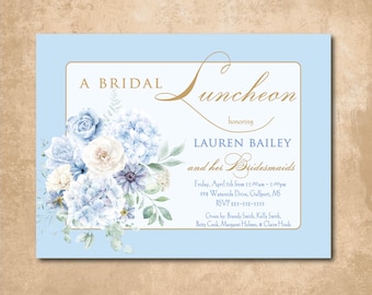 Blue Floral Bridal Luncheon Invitation, Watercolor Bouquet (Digital)