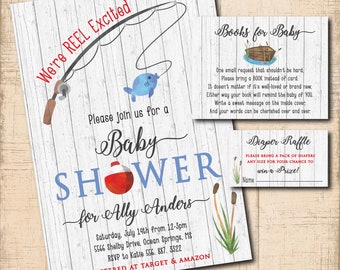 Fishing Baby Shower Invitation printable/Book Request, Diaper Raffle, baby boy shower,rustic baby shower/Digital File/Wording can be changed