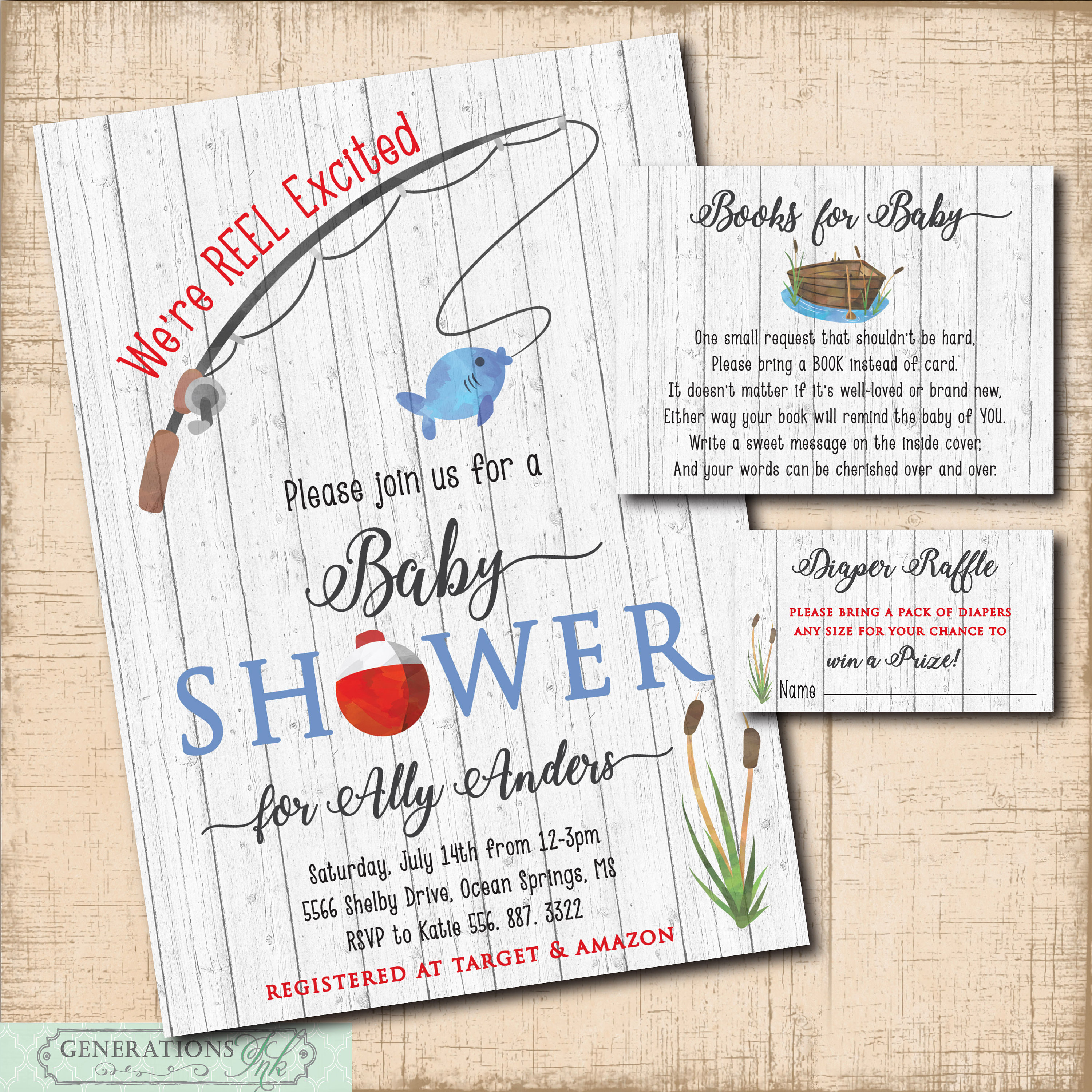 Fishing Baby Shower Invitation printable Book Request Diaper Raffle baby boy shower rustic baby shower Digital File Wording can be changed