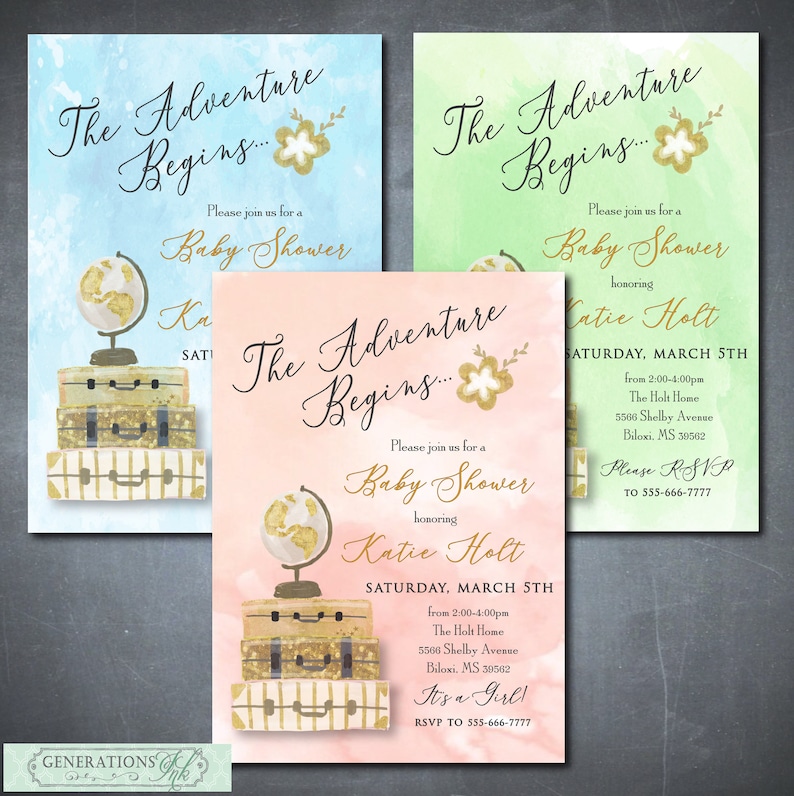 Adventure Begins Baby Shower Invitation Adventure Awaits Travel Baby Shower Adventure Baby Shower Girl Baby Shower Boy Baby