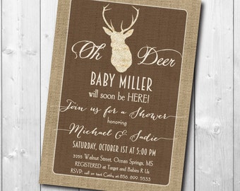 Deer Baby Shower Invitation, Antlers, Boy Baby Shower, Girl Baby Shower, Gender Neutral, Burlap, Rustic, Oh Deer, Digital or Printed