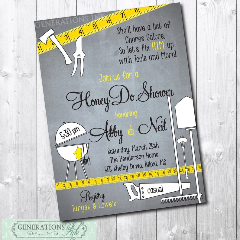 Honey Do Shower Invitation printable/Digital File or printed/tool and gadget, handyman, his and hers, groom /Wording can be changed image 1