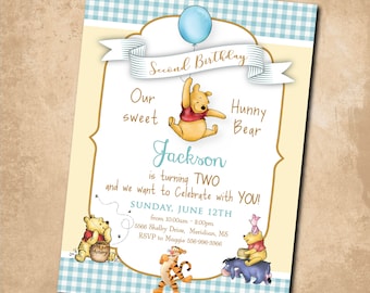 Winnie the Pooh Birthday Invitation, Pooh Bear Birthday Invitation, Boy Birthday Invitation, 2nd Birthday, Watercolor, Digital or Printed