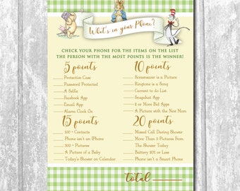 INSTANT DOWNLOAD. Storybook Baby Shower Game, What's in your Phone Game, Book themed Shower, Baby Shower Games, Peter Rabbit