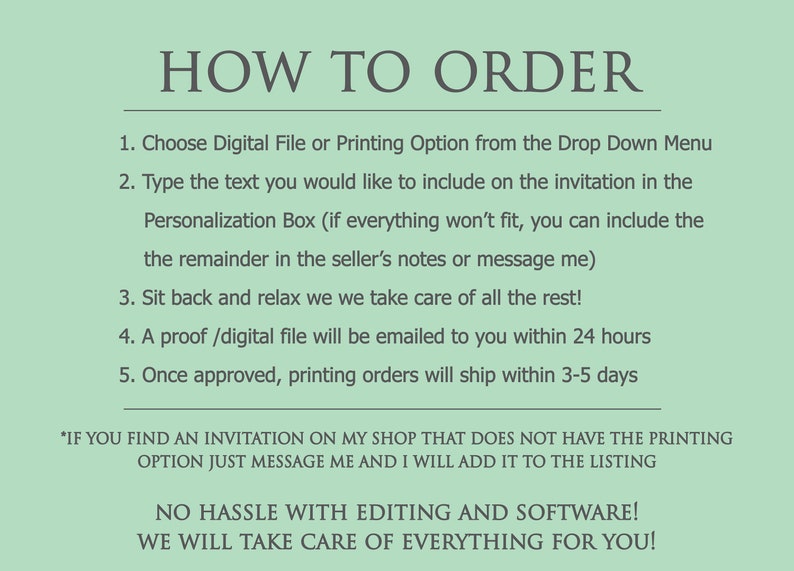May include: Green background with white text explaining how to order a digital file or printed invitation. The text includes instructions for customizing the invitation and a note about shipping times. The text also says "No hassle with editing and software! We will take care of everything for you!"
