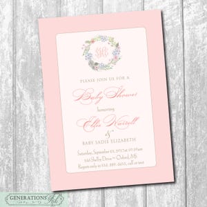 May include: Pink baby shower invitation with a floral wreath and the monogram "SHE" in the center. The text reads "Please join us for a Baby Shower honoring Ellie Harrell & Baby Sadie Elizabeth Saturday, September 23, 2017 at 10:30am 566 Shelby Drive - Oxford, MS Regrets only to 556. 889. 6633, call or text"