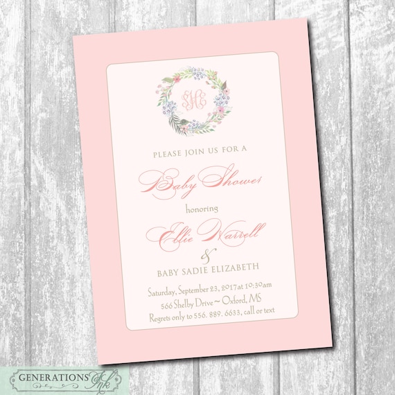 Baby Girl Shower Invitation with Floral Wreath/DIGITAL FILE/printable/wording can be changed/wreath, watercolor, girl, monogram,pink, floral