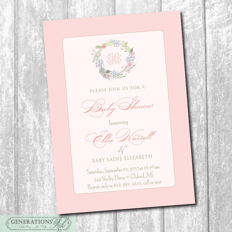 May include: Pink baby shower invitation with a floral wreath and the monogram "SHE" in the center. The text reads "Please join us for a Baby Shower honoring Ellie Harrell & Baby Sadie Elizabeth Saturday, September 23, 2017 at 10:30am 566 Shelby Drive - Oxford, MS Regrets only to 556. 889. 6633, call or text"