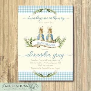 Twin Boys Baby Shower Invito stampabile, digitale, Peter Rabbit, Beatrix Potter, Vintage, Bunny, Boy Baby Shower, / La dicitura può essere cambiata