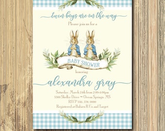 Peter Rabbit Twin Boys Baby Shower Invitation (Digital)