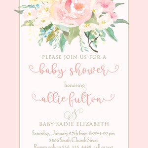 Pink Floral Baby Shower Invitation, Watercolor, Girl Baby Shower, Watercolor Roses, DIGITAL OR PRINTED image 2