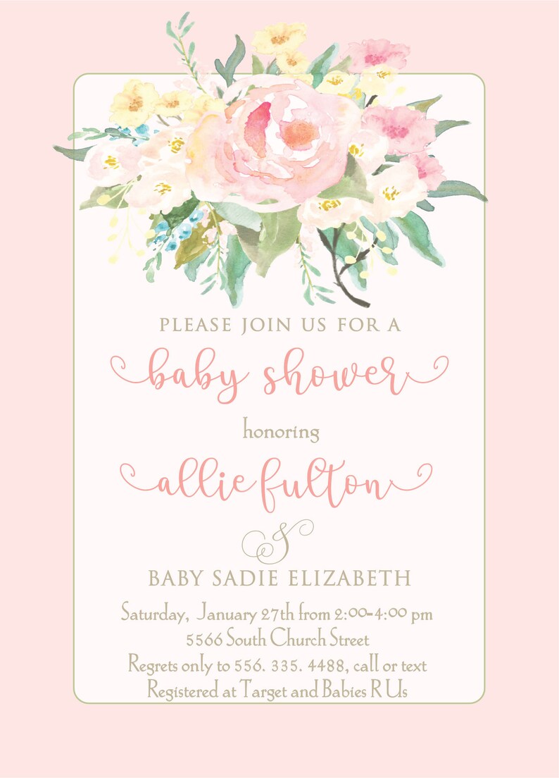 Pink Floral Baby Shower Invitation, Watercolor, Girl Baby Shower, Watercolor Roses, DIGITAL OR PRINTED image 2