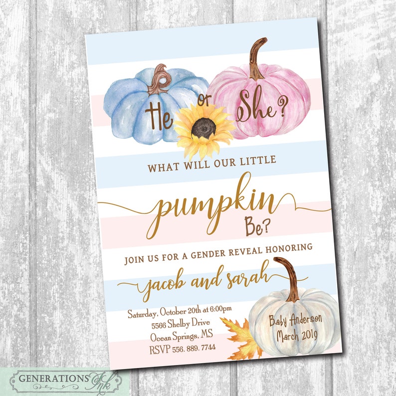 Fall Pumpkin Gender Reveal Invitation printable/Digital Etsy