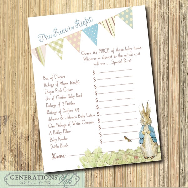 INSTANT DOWNLOAD, Vintage Peter Rabbit Game for Baby Shower, The Price is Right, Digital File, Printable