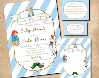 Storybook Baby Shower Invitation with Matching printable items/Digital Files/Book Themed Baby Shower, Classic Books, Boy Baby Shower