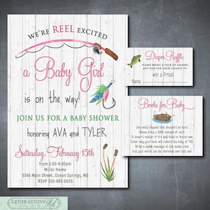 Invito per baby shower a tema pesca, tema pesca, baby shower per maschietti e femminucce, richiesta di libri, lotteria dei pannolini, DIGITALE O STAMPATO