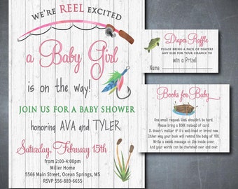 Fishing Baby Shower Invitation, Fishing Themed, Boy Girl Shower, Book Request, Diaper Raffle, DIGITAL OR PRINTED